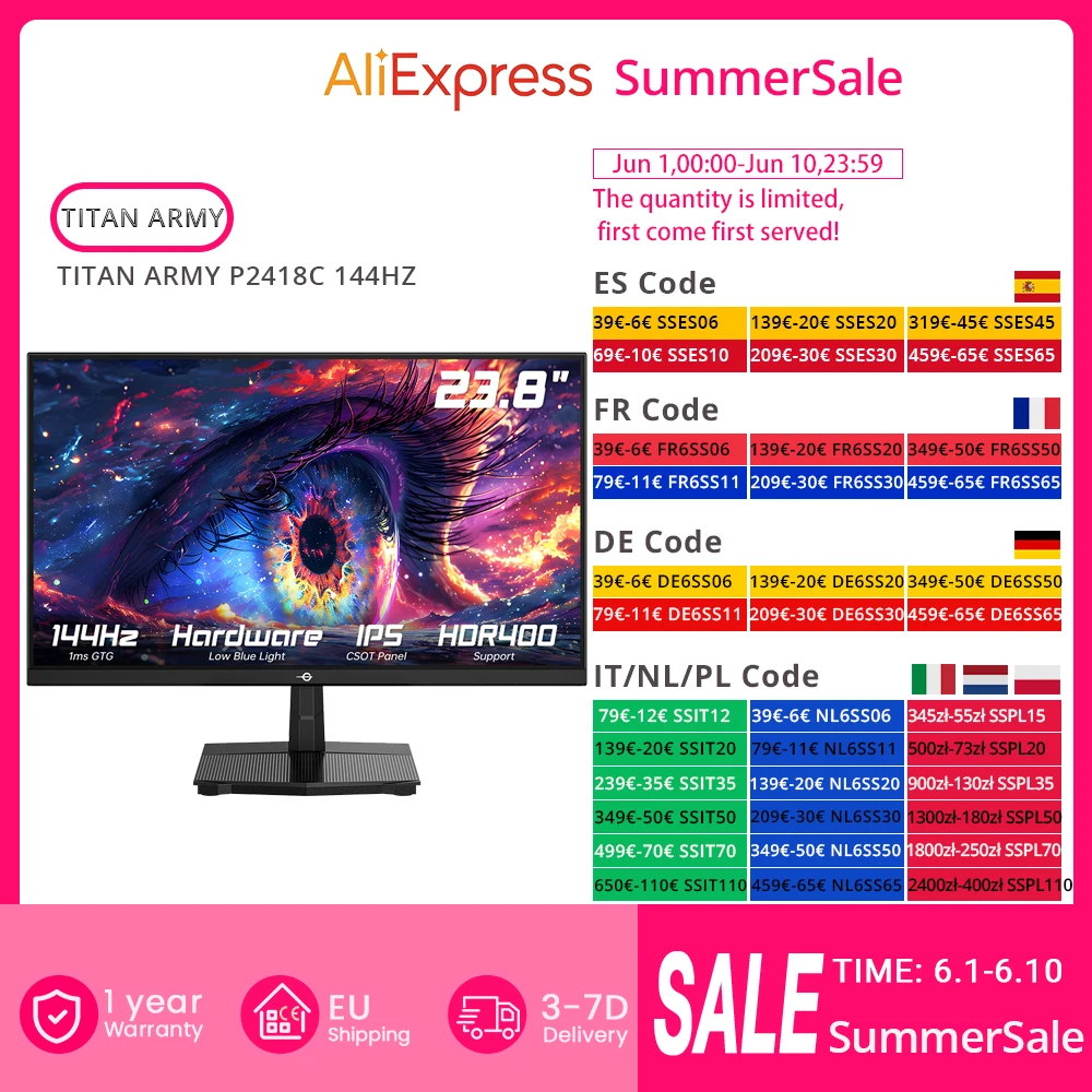 Moniteur de bureau TITAN ARMY P2418C, 144 Hz, 23,8 pouces, HDR400 1920*1080 16:9 écran IPS CSOT, 6 modes de scène, prend en charge le montage VESA