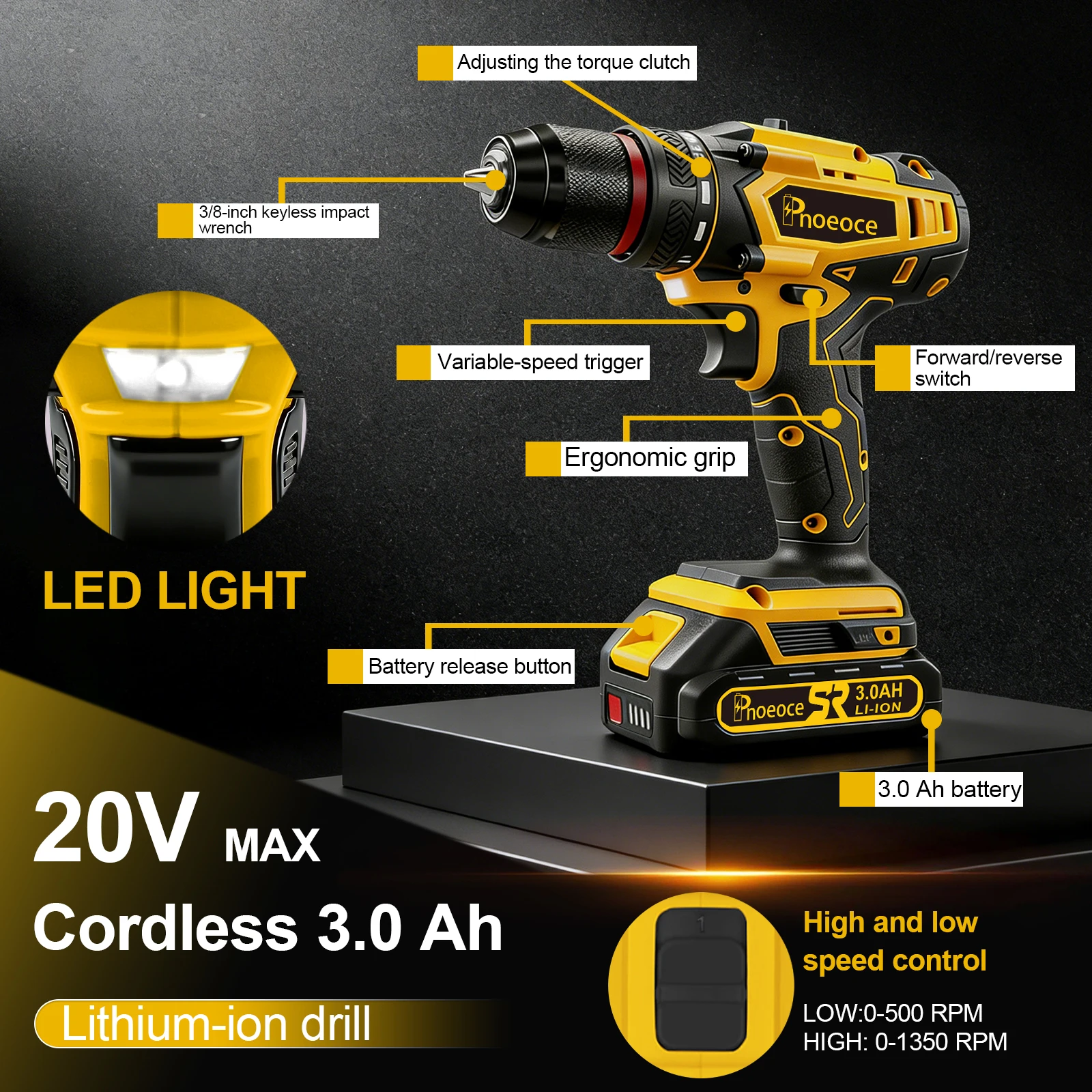 Phoeoce 20V Cordless Drill Set Compatible with Makita 18V Battery Power Drill Driver Kit with 3.0Ah Li-ion Battery 3/8