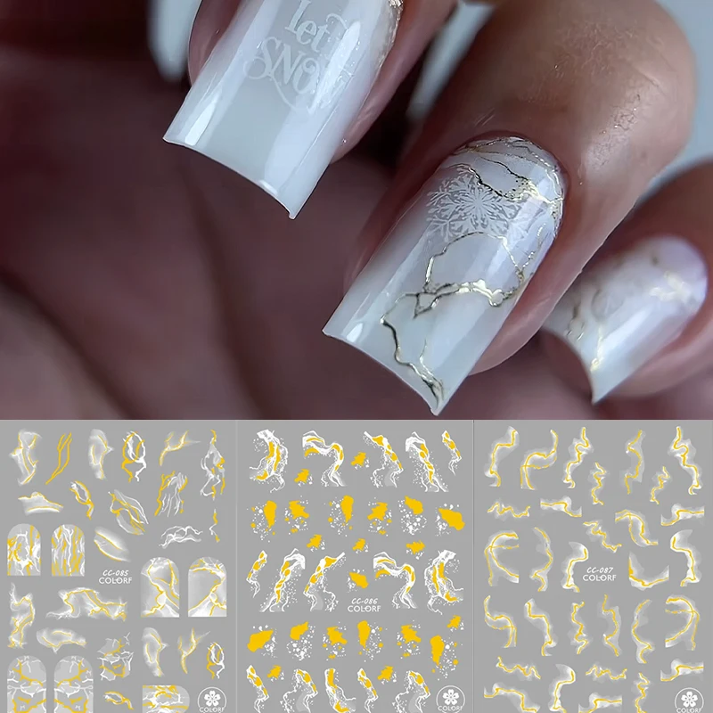 3D Golden Wave Line Nail Sticker Marble White Geometry Abstract Flowers Nail Art Sliders Decals Foils Manicure Decorations