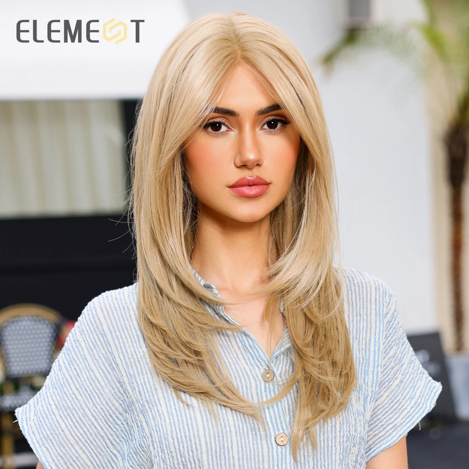 ELEMENT HD Lace Front Synthetic Wigs Straight Wavy Light Blonde Daily Party Wig with Side Bangs for Women Ladies Natural Use