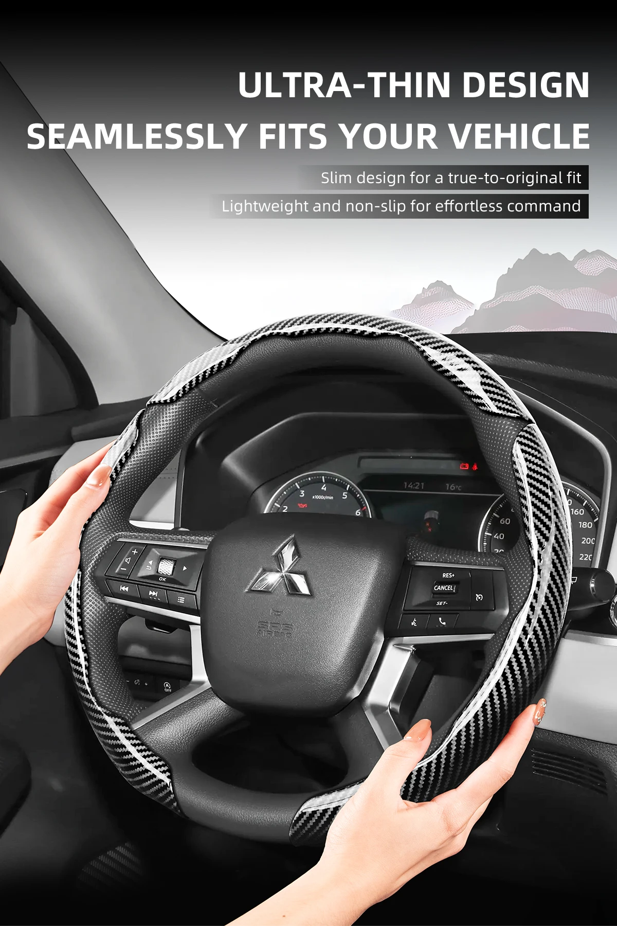 Passend für Mitsubishi Sportliches Glänzendes Carbonfaser-Textur Lenkradbezug mit Snap-On-Design für Triton L200 Xpander Pajero Montero Outlander Sport Asx Rvr Xforce Eclipse Cross Mirage Attrage Colt – Detail 3
