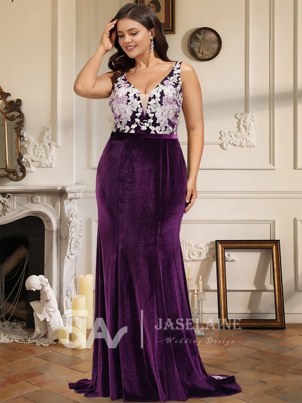 

QA Evening Dress Woman Elegant Velvet Lace Trumpet Mermaid V-Neck Sweep Train Formal Gown Floral Print Summer Prom Wedding Party