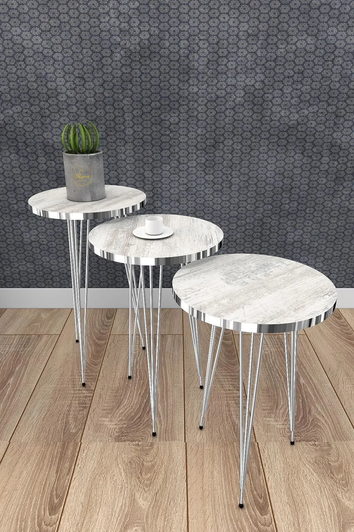 Set of 3 Nesting Tables Round Marble Pattern for Living Room Home High Quality Silver Metal Leg 3 Pcs Furniture Accessorys