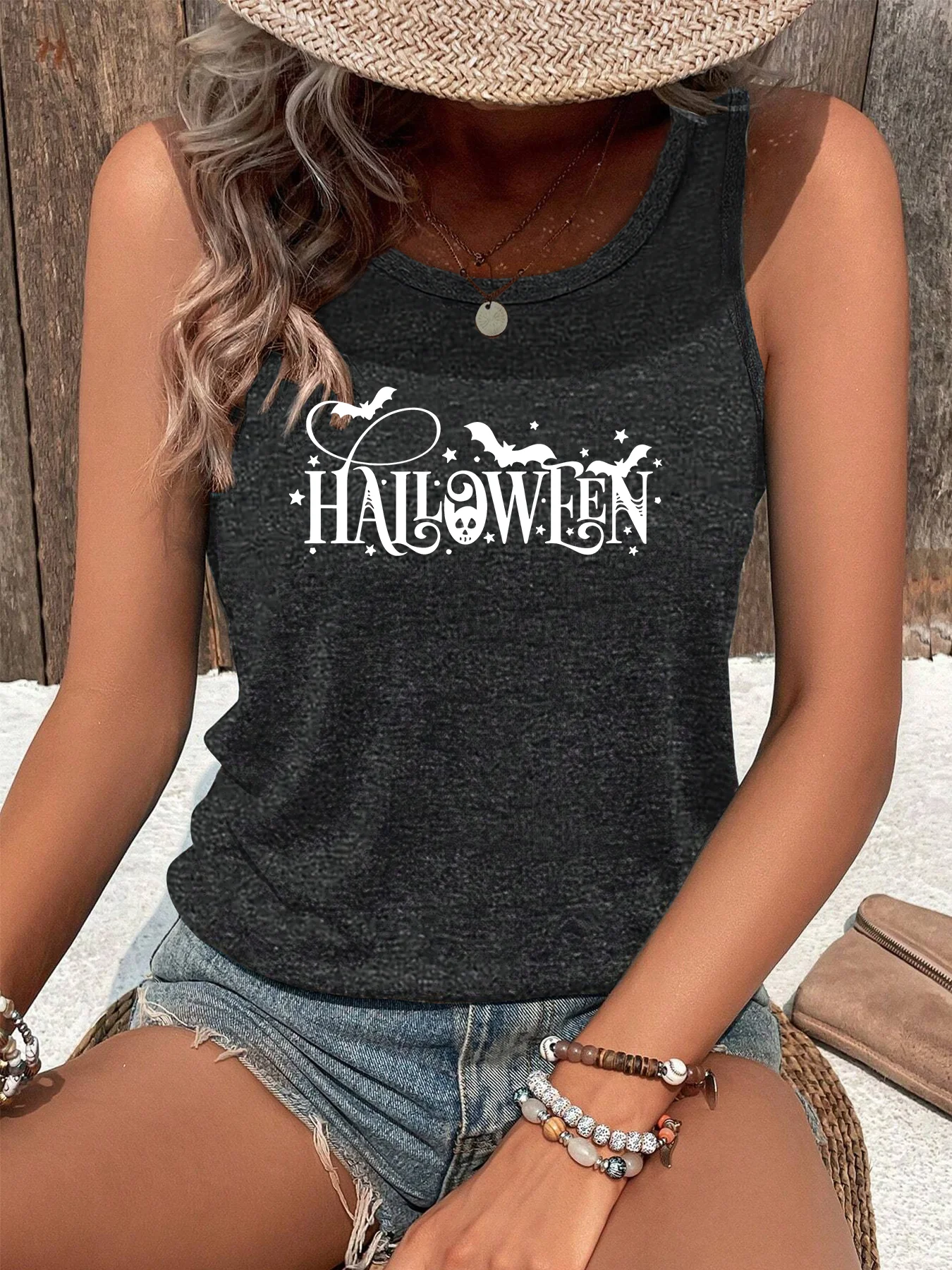 Happy Halloween T-Shirt Back Print Fashion Funny Sports Women's Tank Top Loose O Neck Sleeveless Casual Tank