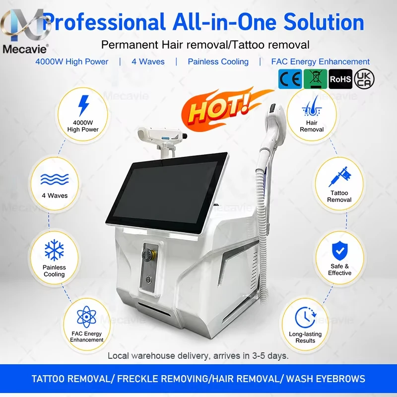 2026 Hot Sale 2in1 755/808/830/940/1064 Multi‑Wavelength Diode Laser 5000W High Power Painless Permanent Hair Removal Tattoo Removal Machine Professional Whole Body Depilation Pigment Remover Salon Commercial Beauty Device Built‑in Ice Cooling For Comfort