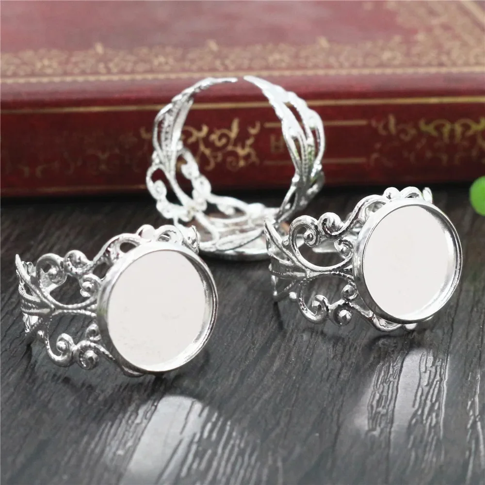 12mm 10 sztuk srebra niklowany mosiądz regulowany pierścień ustawienia Blank/Base,Fit 12mm szklane Cabochons, przyciski; Pierścień ramki J2-20 — zdjęcie 2