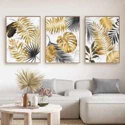 3PCS Frameless Abstract Golden Tropical Monstera Leaf Poster Still Life Pictures Canvas Painting for Living Room Home Wall Decor