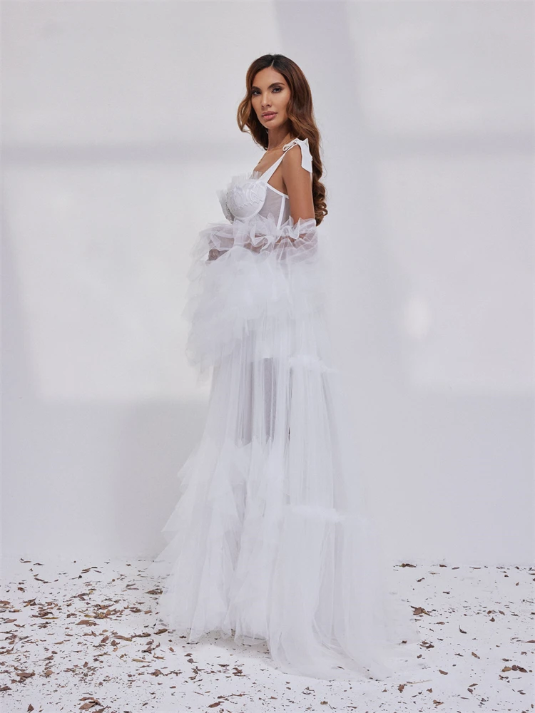 Elegant Two-Pieces Lace Bride Robe For Wedding Sexy Flare Sleeves Soft Tulle Bridal Shower Dress Women Night Gwon عرس لينجري