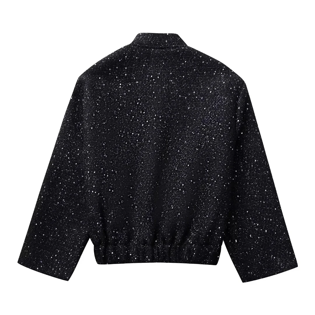 Nlzgmsj Frauen Shiny Pailletten Jacke Y2k Gold Farbe Stehkragen Langarm Kurzarm Mantel Herbst Winter Damen Hohe Streetwear – Detail 3