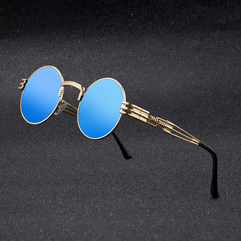 Nowe modne okulary przeciwsłoneczne z polaryzacją dla mężczyzn i kobiet Retro Steampunk okrągła metalowa rama podwójna sprężyna noga kolorowe odcienie UV400 — zdjęcie 2