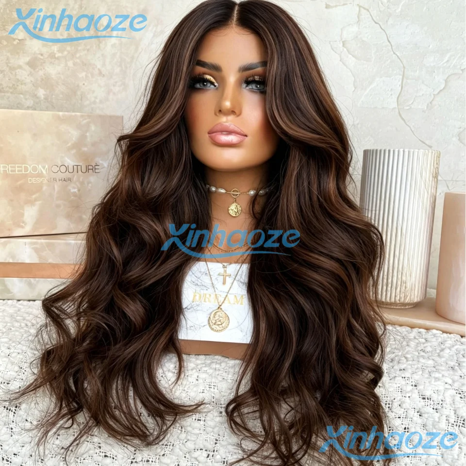 

Long Body Wavy Highlight Dark Brown Black Mix Colored Human Hair 5x5 Silk Top Closure Wigs Pre Plucked 13x6/360/Full Lace Wigs