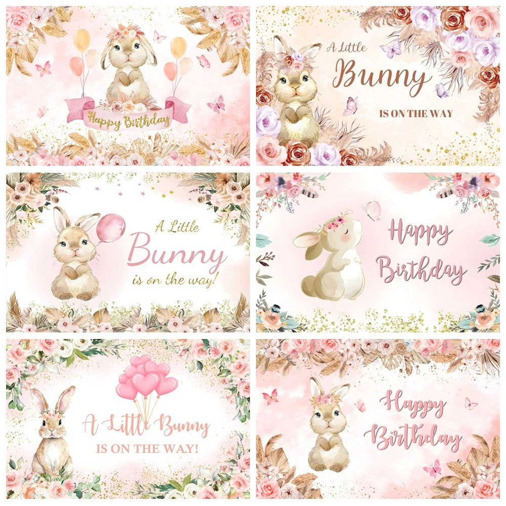 

Easter Rabbit Backdrop Pink Floral Flower Bunny Butterfly Balloon Baby Shower Birthday Party Photography Background Photo Studio