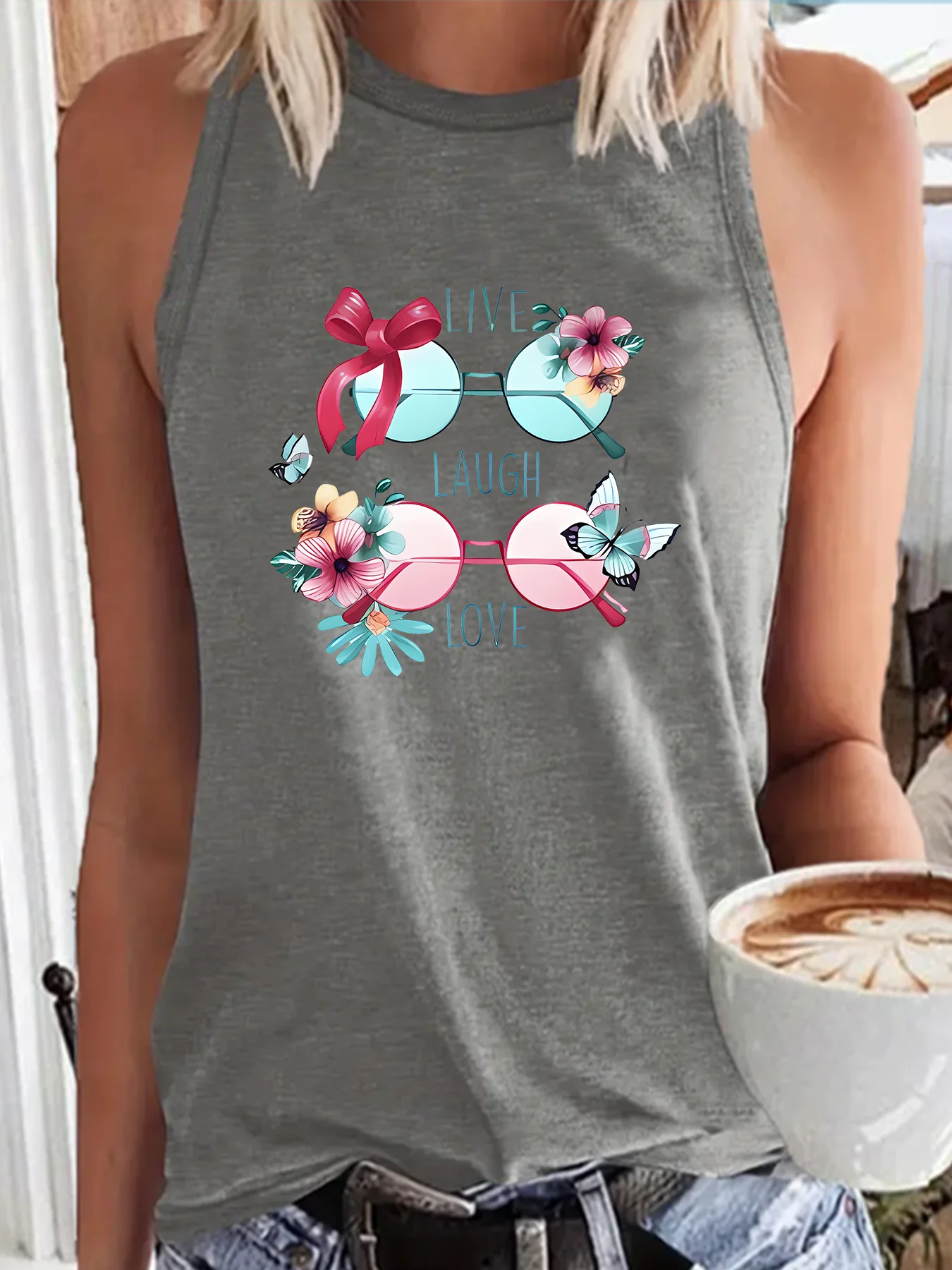 Live Laugh Love Sunglasses Butterfly Flowers Fashion Funny Sports Women's Tank Top Loose O Neck Sleeveless Casual Tank