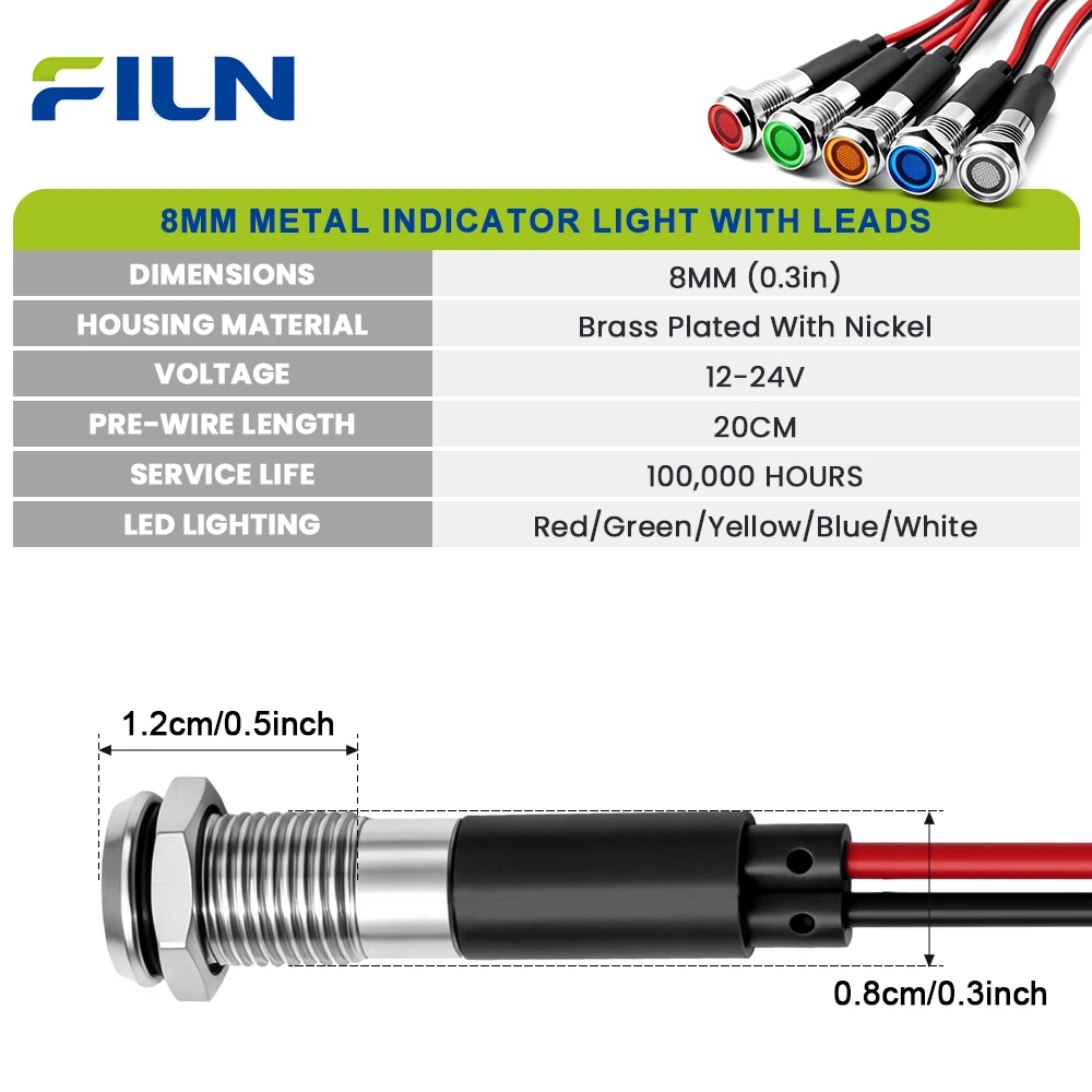 FILN 5/25 SZT. 8mm IP67 Wodoodporna Lampka Ostrzegawcza Kontrolka Kierunkowskazu 12V 24V do Samochodu, Łodzi, Deski Rozdzielczej, Sygnalizacyjne Lampki LED