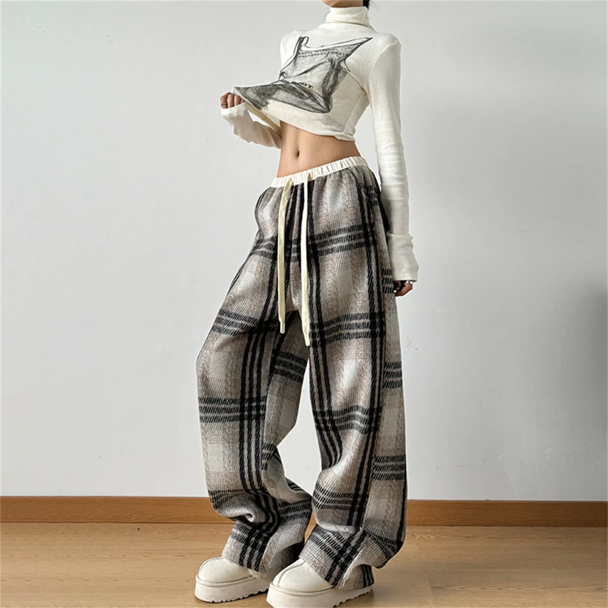 

Fashion Warm Plush Pants Cashmere Thick Plaid Ladies Winter Casual Loose Wide-legged Pants Korean Streetwear Students Lazy Pants