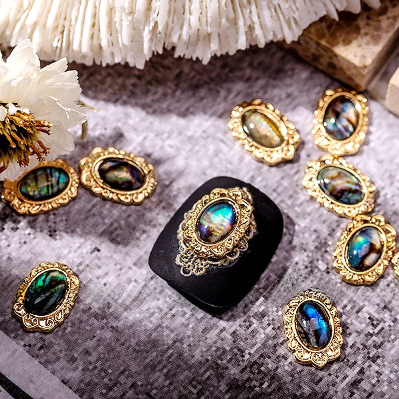 10PCS Luxus Legierung Nail art Charme Oval Abalone Shell Textur Nägel Dekoration Liefert Schmuck