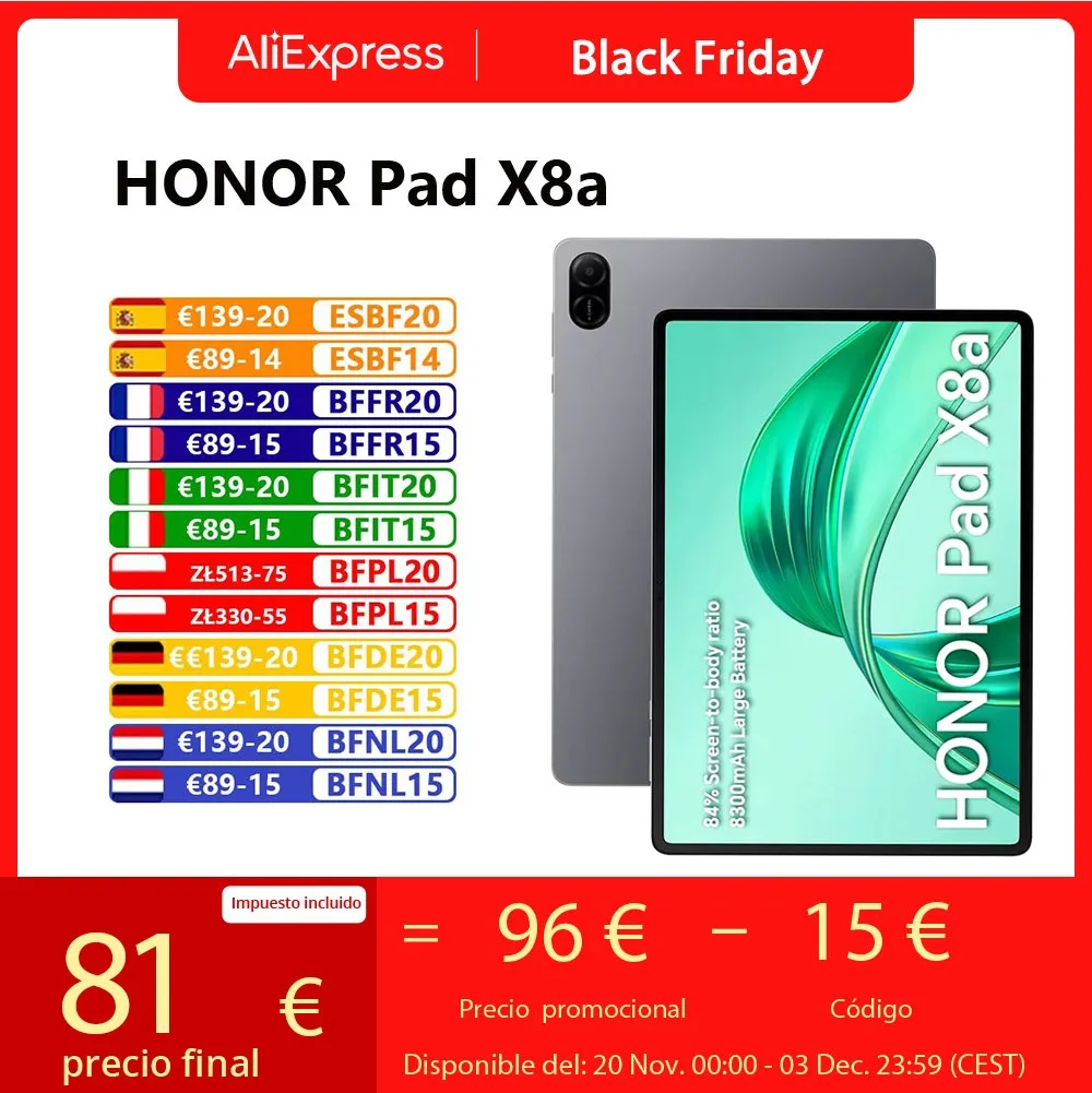 Tablette HONOR Pad X8a, WIFI, Version globale, 4 go 128 go, 11 pouces, écran 90 Hz, batterie 8300 mAh, Snapdragon 680 Android 14 Tablette HONOR Pad X8a, WIFI, Version globale, 4 go 128 go, 11 pouces, écran 90 Hz, batterie 8300 mAh, Snapdragon 680 Android 14