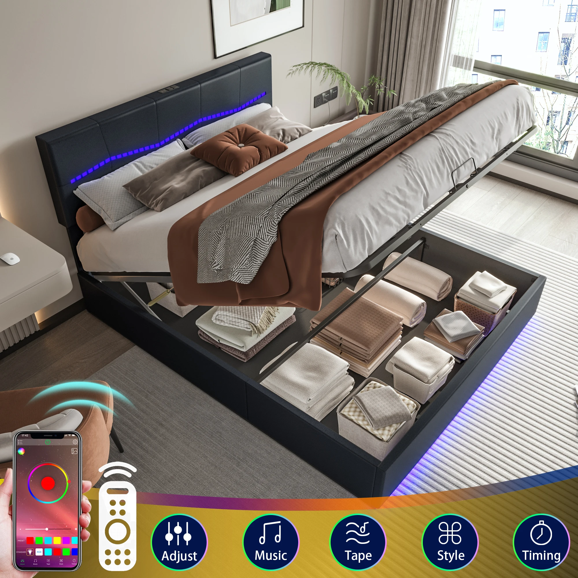 Doppelbett gepolstertes Hebebett mit LED-und USB-Anschlüssen Leder material - 140x200 cm-schwarz-ohne Matratze