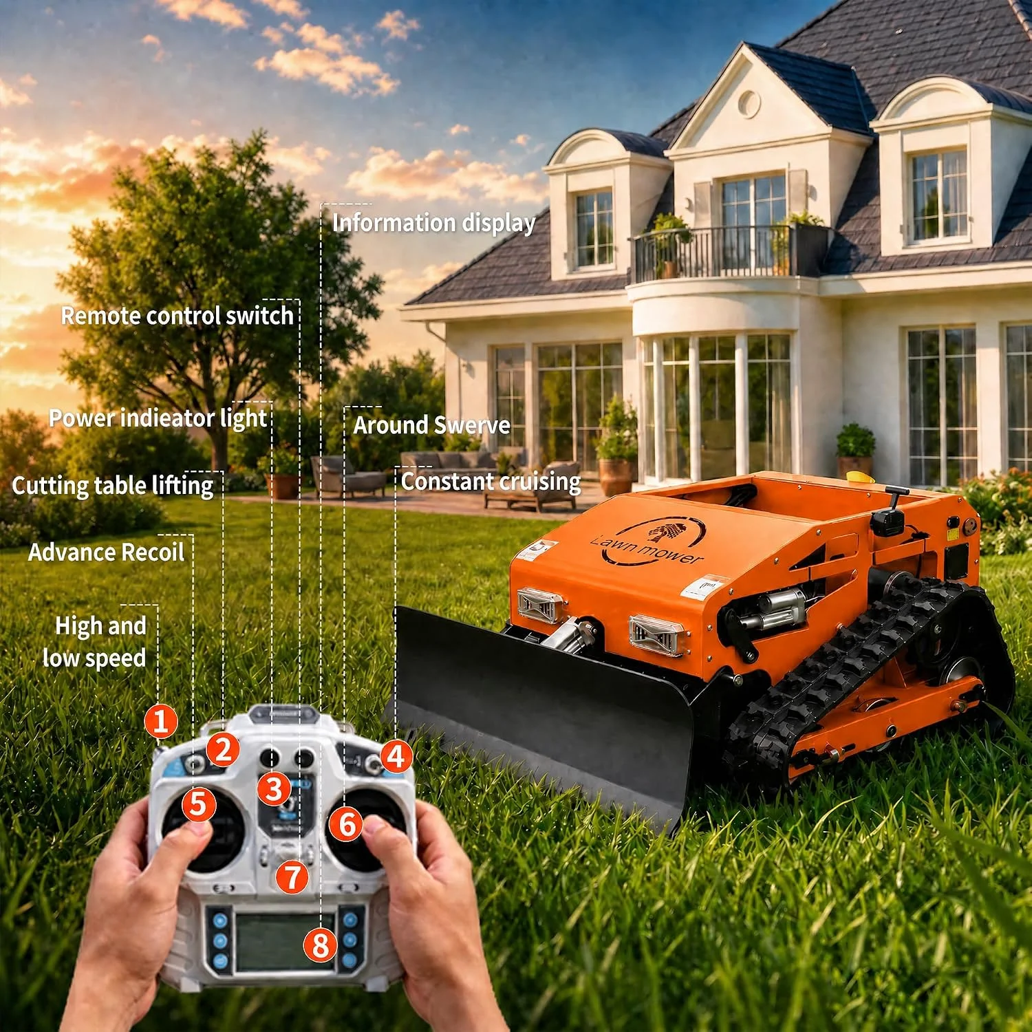 Maßgefertigter 2-in-1 RC-Raupen-Rasenmäher mit Schneepflug-Aufsatz, Automatische Sicherheitsklingenstopp CE-Zertifiziert für Haus- und Garteneinsatz
