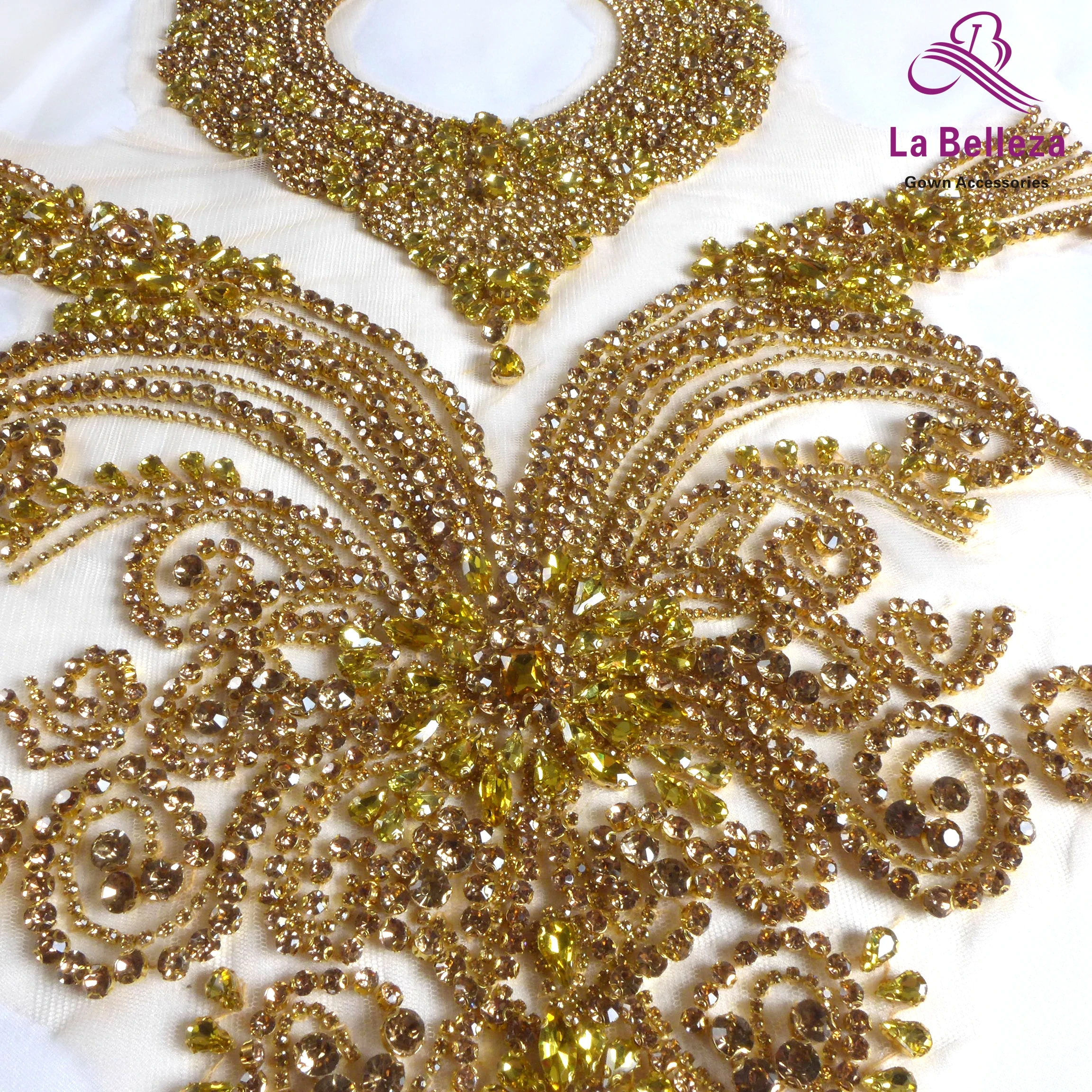 La Belleza beauty hand sewon neck bodice applique,gold silver crystal rhinestone applique Patch for dress accessories