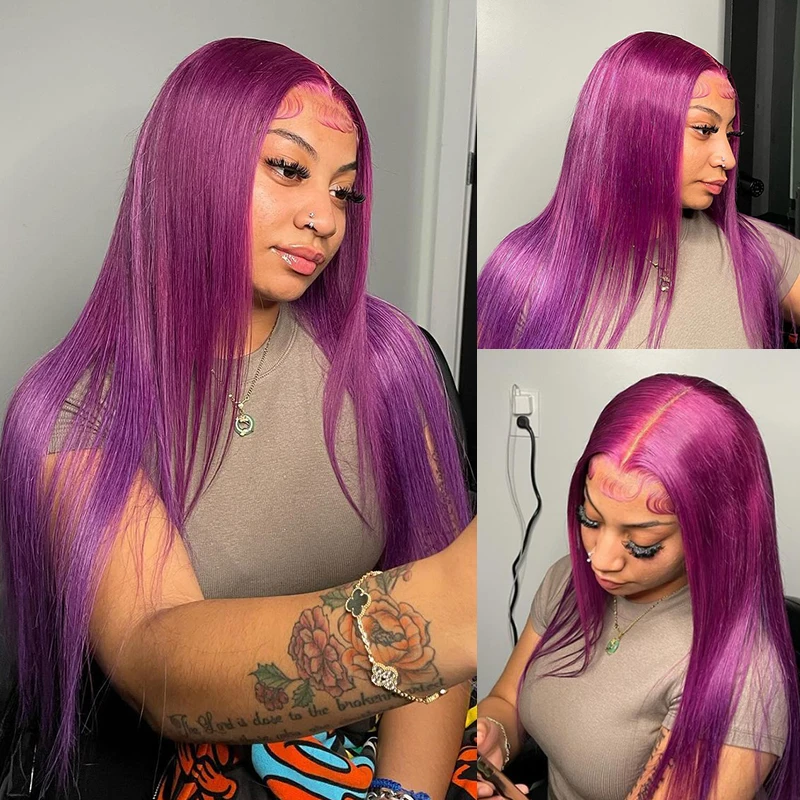 

Lavender Purple Colored Bone Straight 13x4 HD Lace Frontal Wig Synthetic Hair Peruvian PrePlucked Closure Synthetic Hair Wig