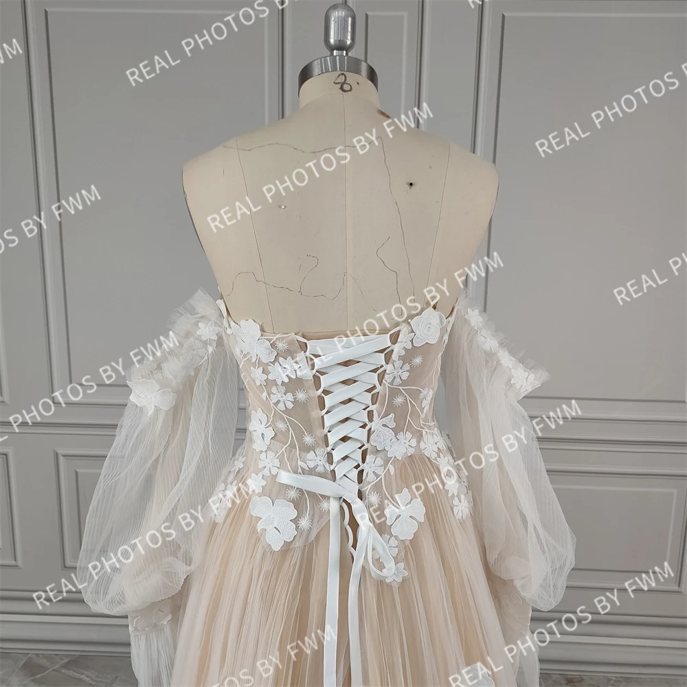 2220 #   100% personalizado Boho desmontable mangas abullonadas apliques de encaje vestido de novia sin tirantes para mujer vestido de novia de tul Línea A