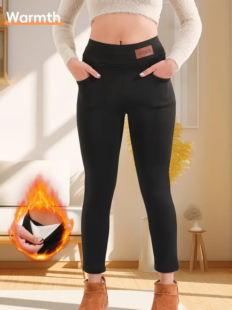 Leggings termici a vita alta da donna 1 pezzo con logo in pelle alla moda, pantaloni da yoga spessi foderati in pile invernale per abbigliamento da esterno