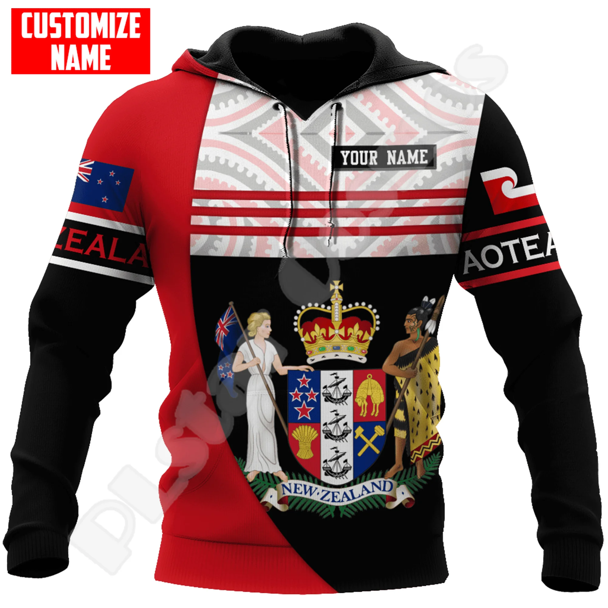 Custom Name Country Flag New Zealand Aotearoa Maori Tattoo Retro Long Sleeves 3DPrint Pullover Harajuku Casual Jacket Hoodies XO