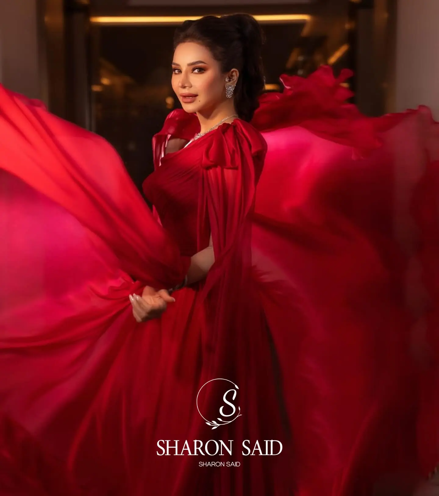 Sharon Said Dubai Red Off Shoulder Elegant Evening Dress with Bow Cape for Women Wedding Formal Gown SF488 Customized image 3