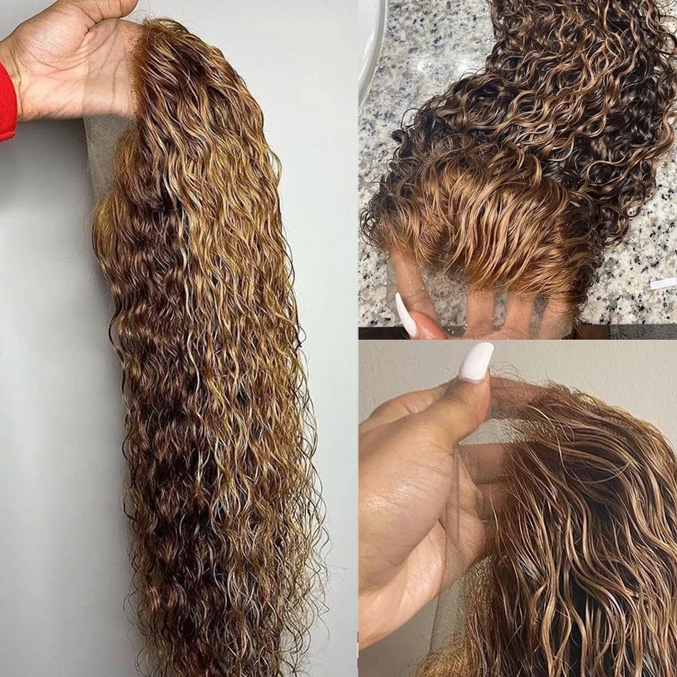 Peluca de Color resaltado, cabello humano rizado 13x6 HD, pelucas frontales de encaje, cabello humano, onda de agua profunda, rubio miel, peluca con malla Frontal 13x4