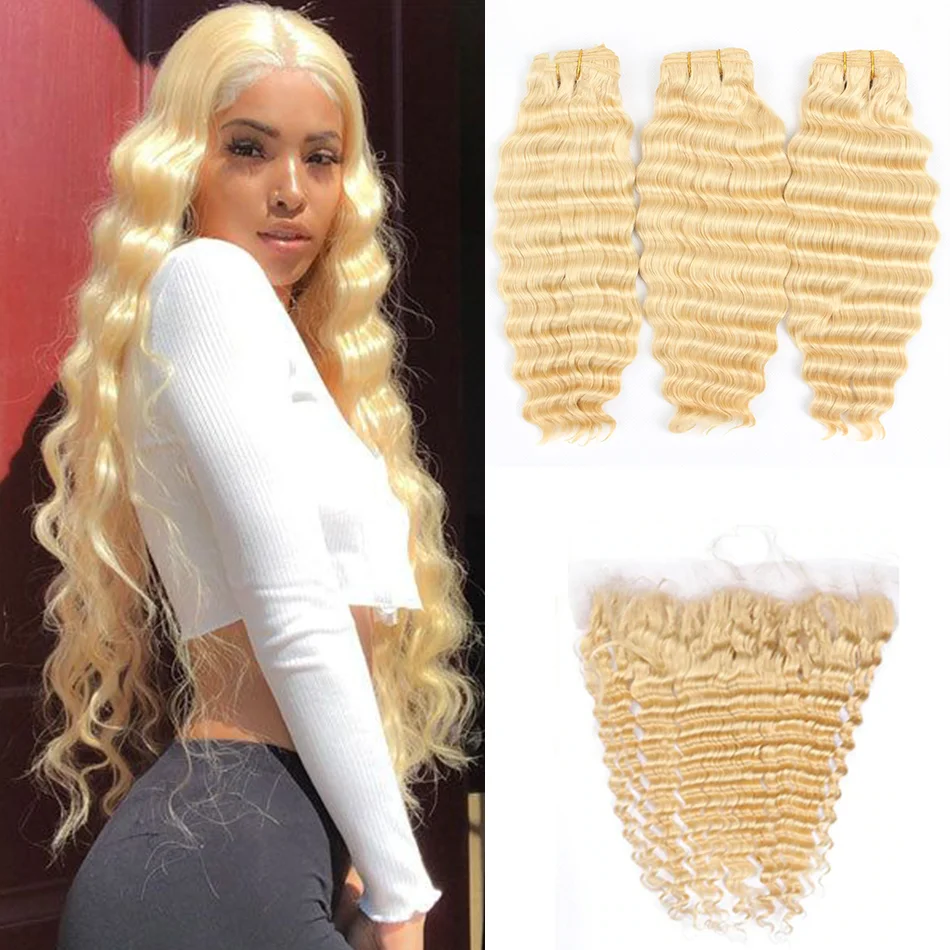 

3 Bundles With Frontal Deep Wave 613 Honey Blonde Human Hair Bundles With Frontal Lace Front With Bundle Women Remy Extensions