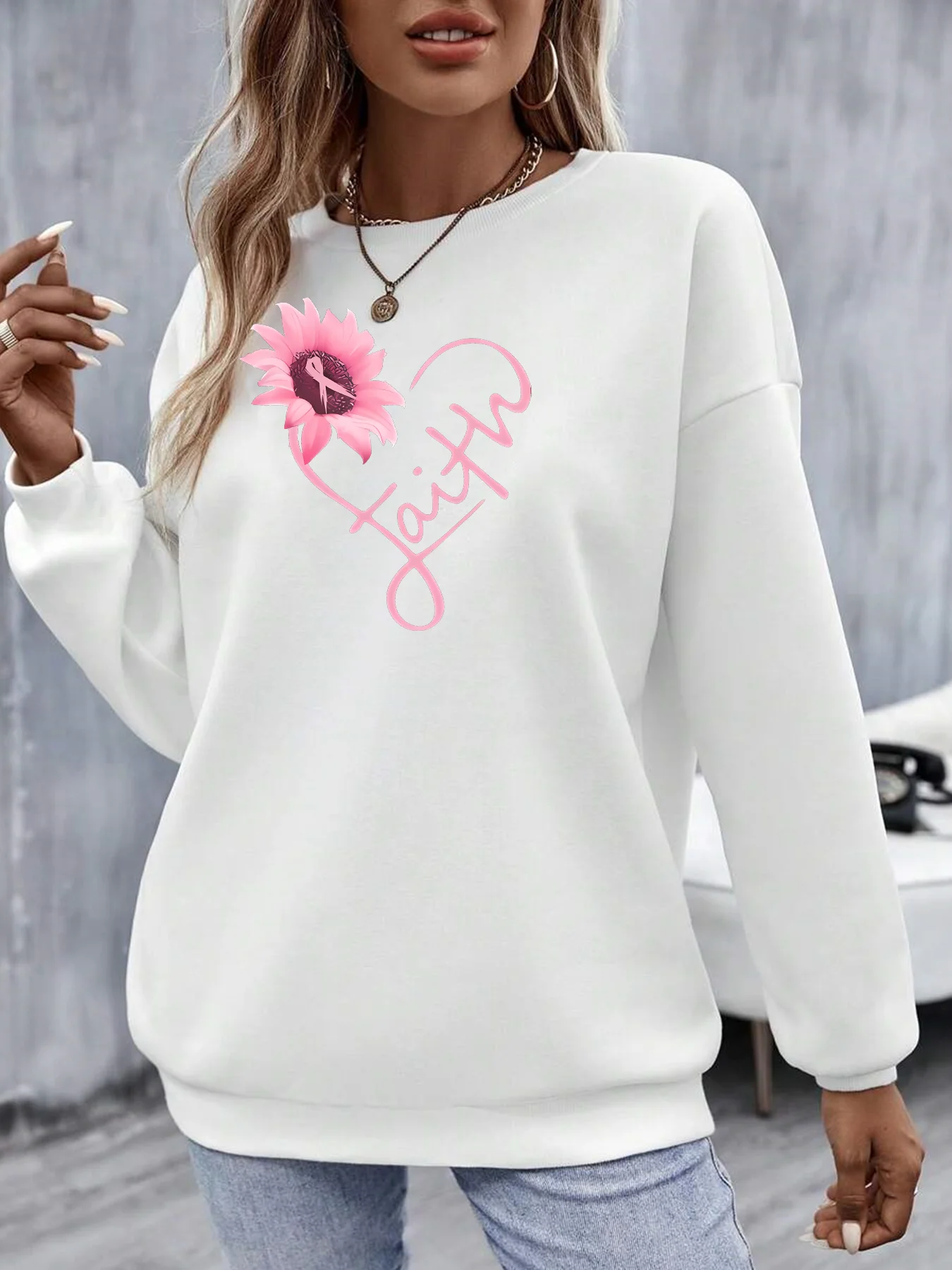 2024  Sunflower Letter Faith Pink Sunflower Letter Print Hiphop Fashion Funny Sports Hoodies