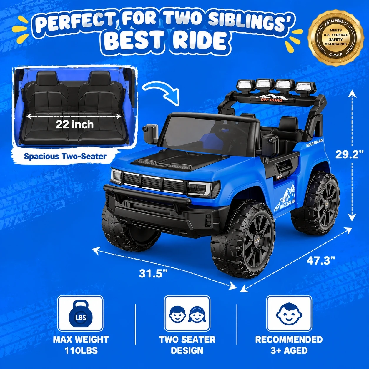 24V Kids Ride On Truck, 2-Seater Electric Car with Remote Control, 4WD/2WD Switchable Off-Road Toy, Bluetooth Music & LED Lights