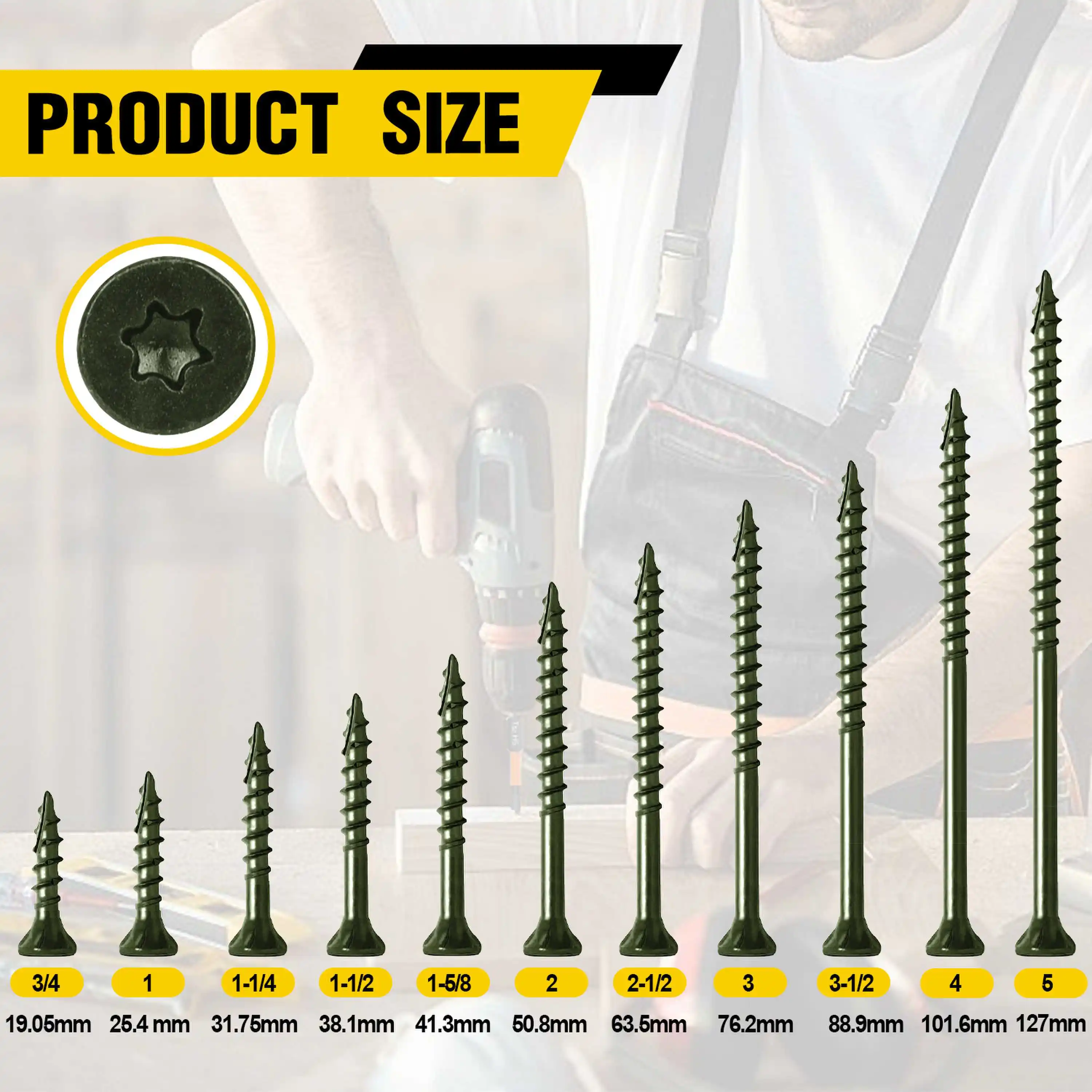 VKKM Green T25 Torx Wood Screws #8 X 1-1/2 Inch, 250 PCS Countersunk Head Self-Tapping Screws With Cutting Tail, Anti-Corrosion, Come With T25 Bit for Outdoor Deck Woodworking