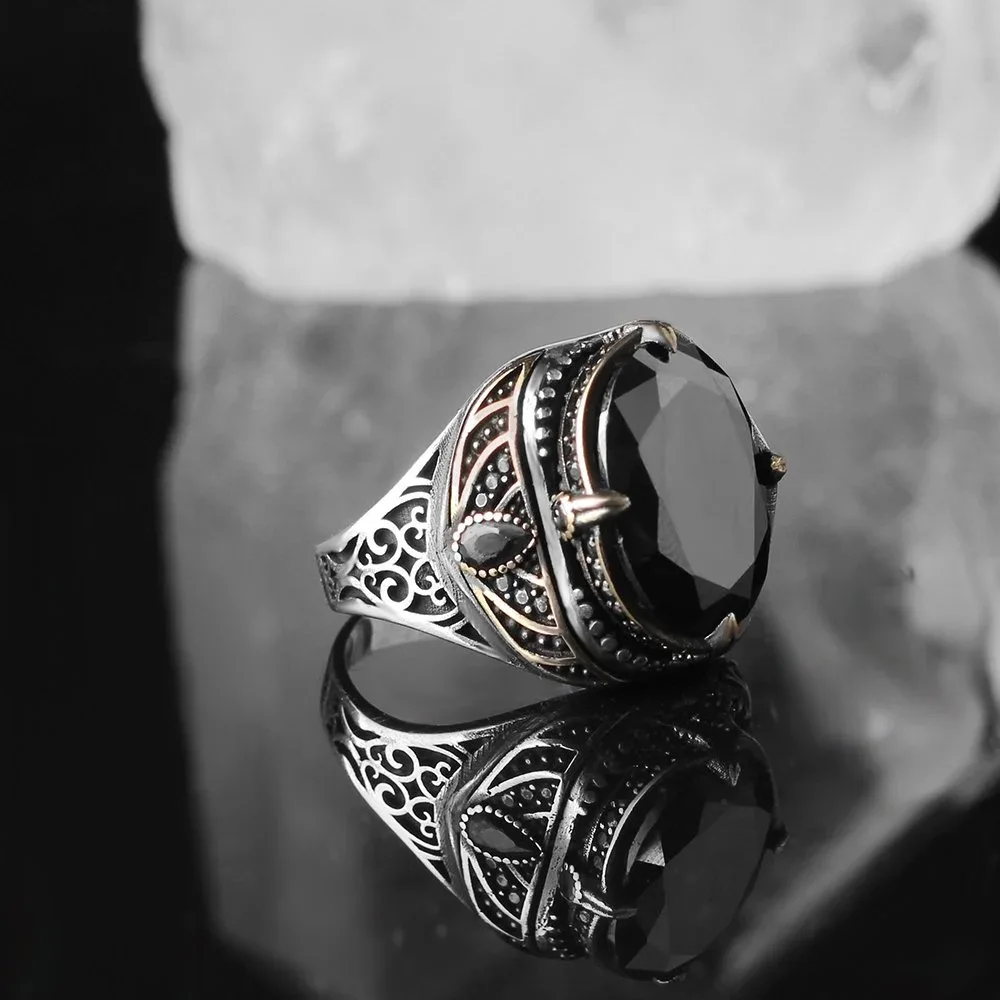 

Handmade retro trendy black luxury 925 sterling silver ring for men banquet party