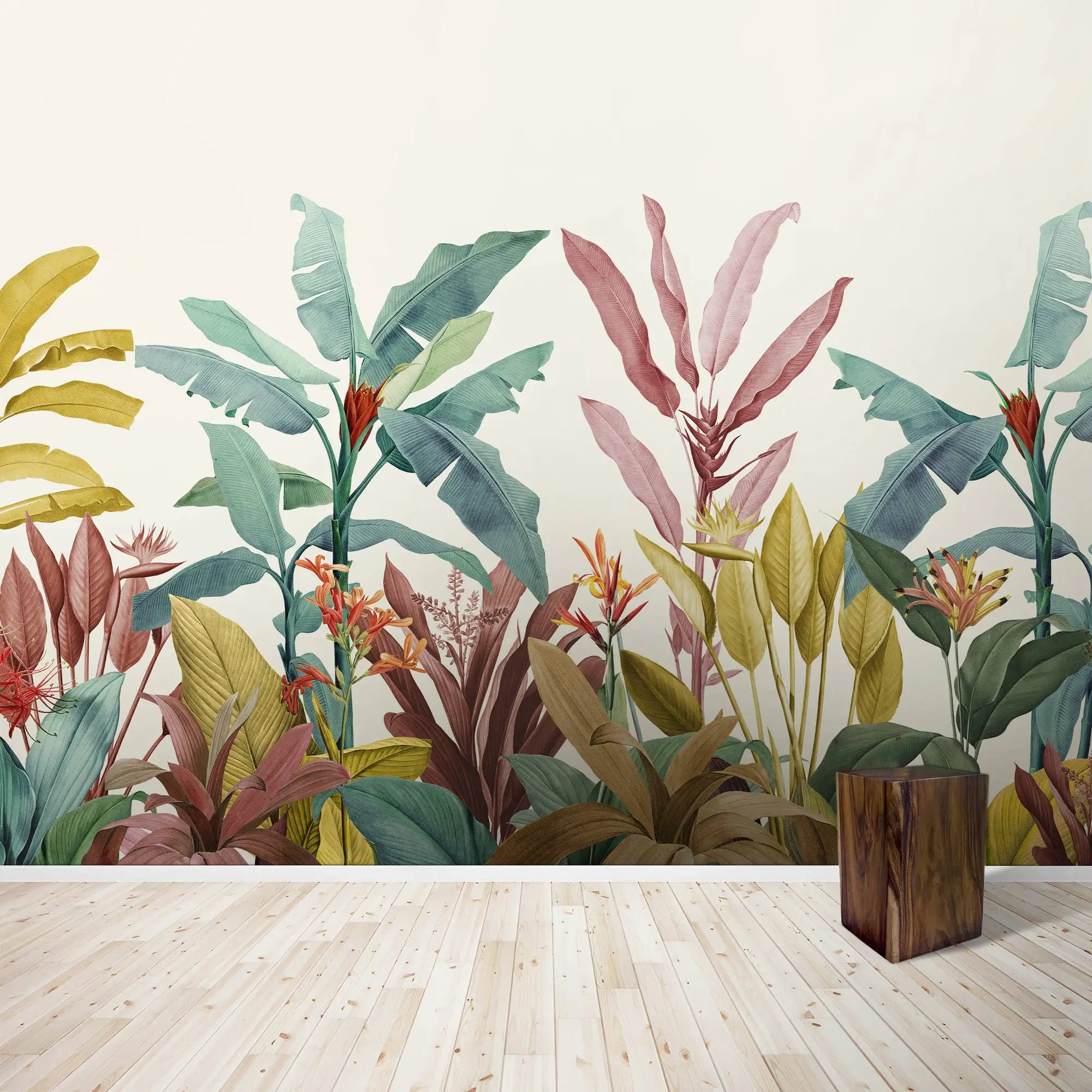 Redouté Dusty Pink and Teal Vintage Tropical Minimalist Wallpaper Mural