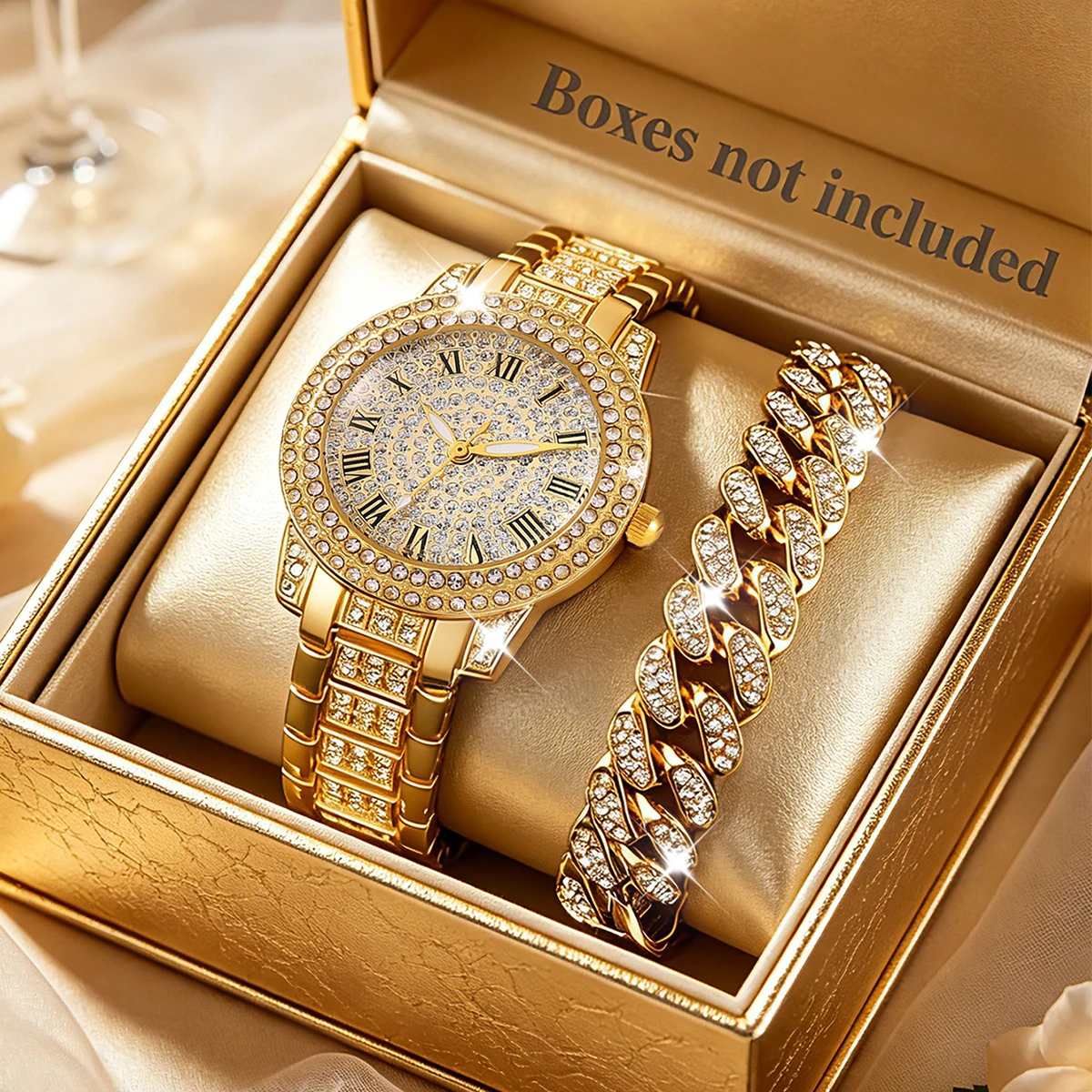 2-Piece Fashion Diamond Gold Women's Watch Luxury Rhinestone Hip-Hop Bracelet Set
