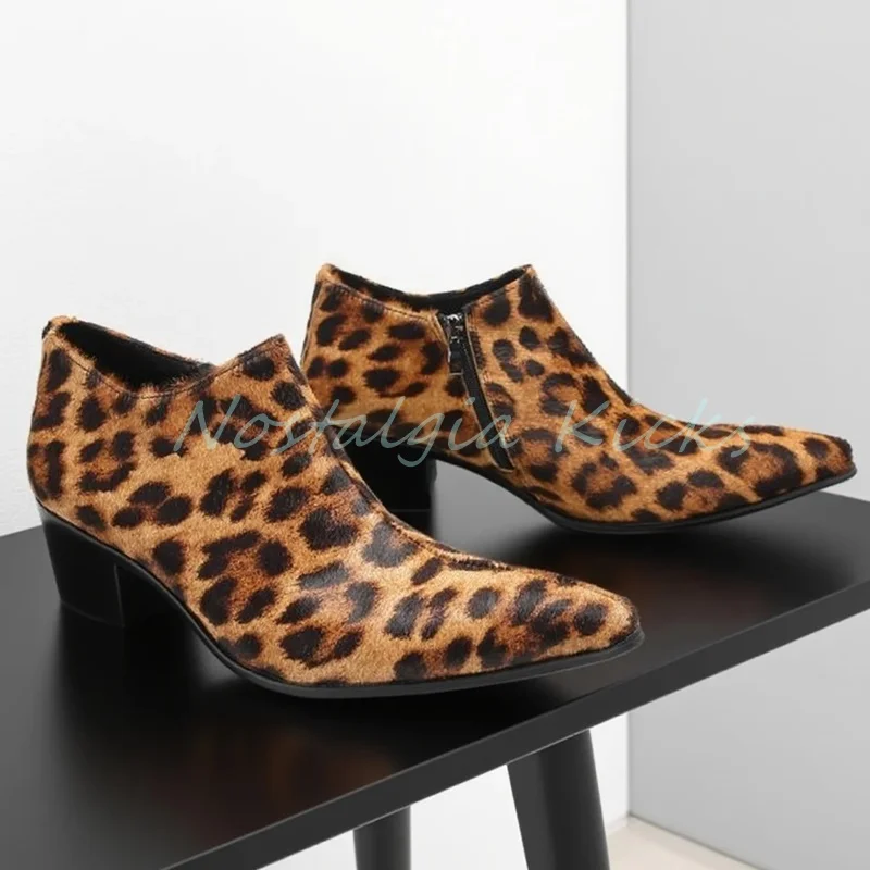 

Designer Men's Leopard Print Pointed Toe Ankle Boots Side Zipper Chunky Heel Faux Fur Male Winter Boots Chelsea Casual Shoes