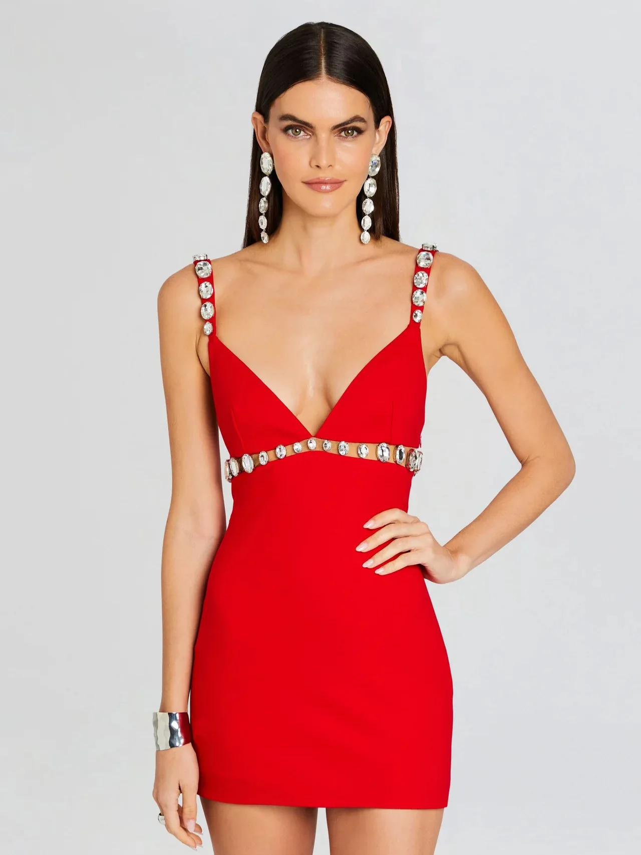 

2024 New Red spaghettis straps sexy backless hollowed out handmade diamond slim wrapped hip bandage dress fashion party dress