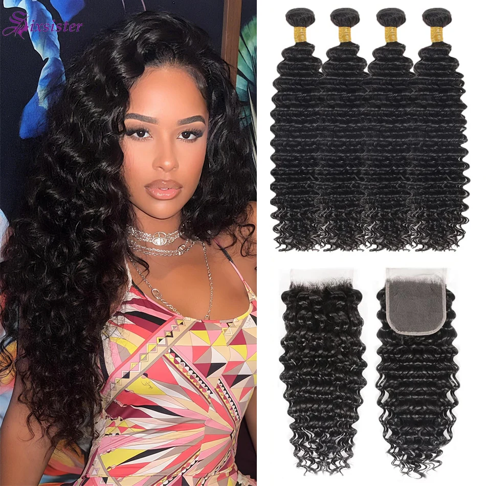 حزم الشعر البشري مع إغلاق موجة عميقة البرازيلي عذراء مجعد 3 حزم مع 4x4 الدانتيل إغلاق نسج على شكل شعر إنسان اللون الطبيعي
