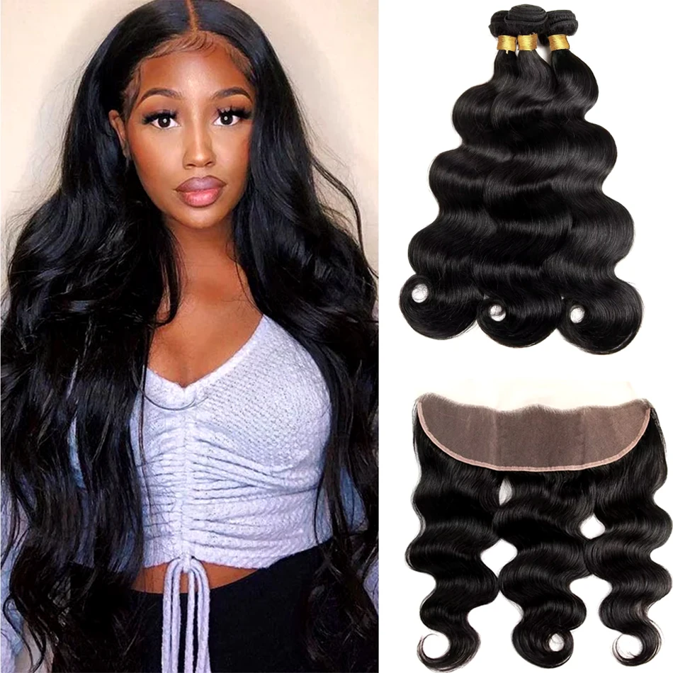 Body Wave Human Hair Bundles with Frontal Brazilian Hair 3 Bundles with 13x4 Lace Frontal 100% Natural Human Hair Bundle Frontal