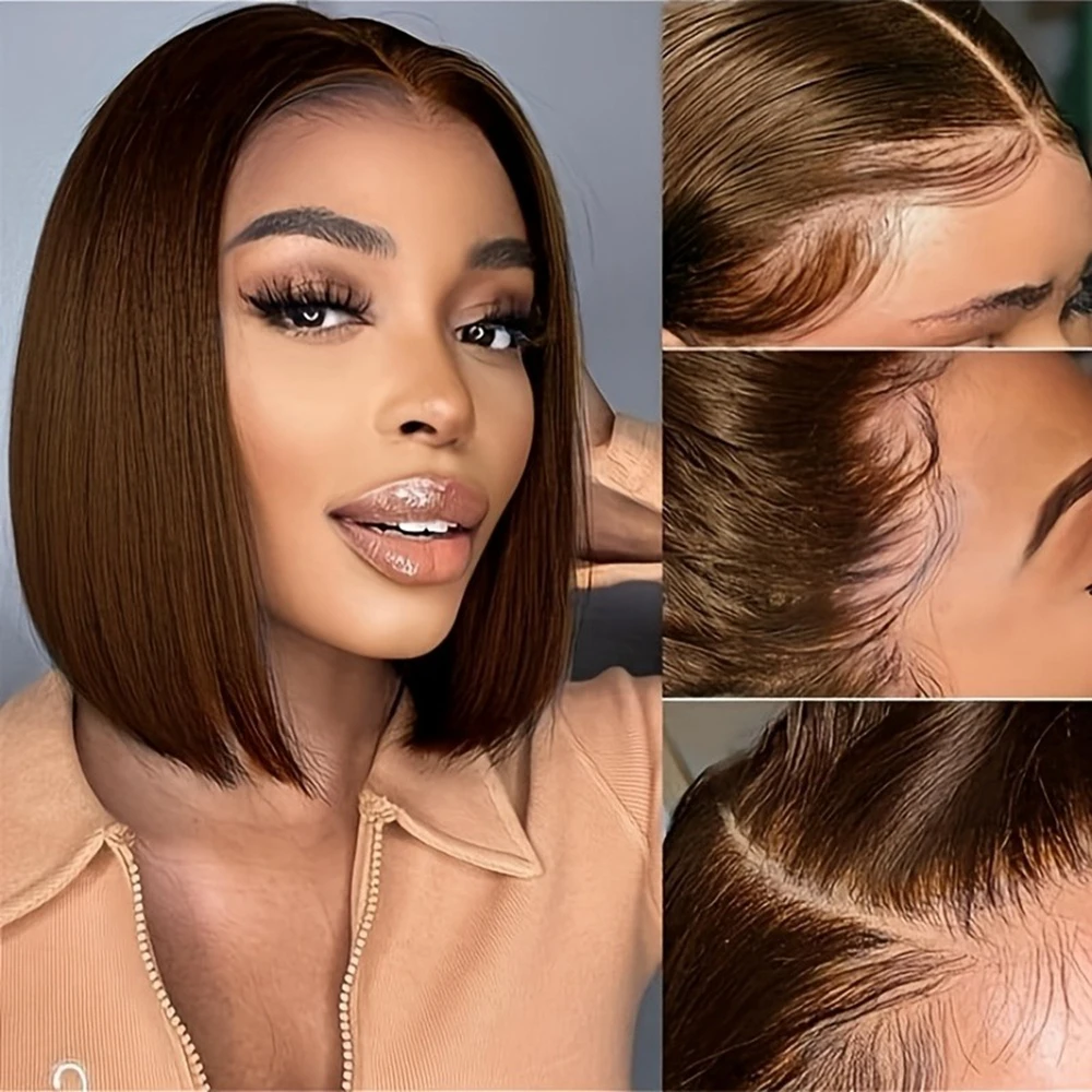 #4 13X6 Chocolate Brown Straight Bob Wig Straight Lace Front Wig 200% Swiss Lace Bob Wig Short Human Hair Bob Wigs Pre Plucked Dark Brown Colored Lace Frontal Wigs for Women Transparent HD Lace With Baby Hair