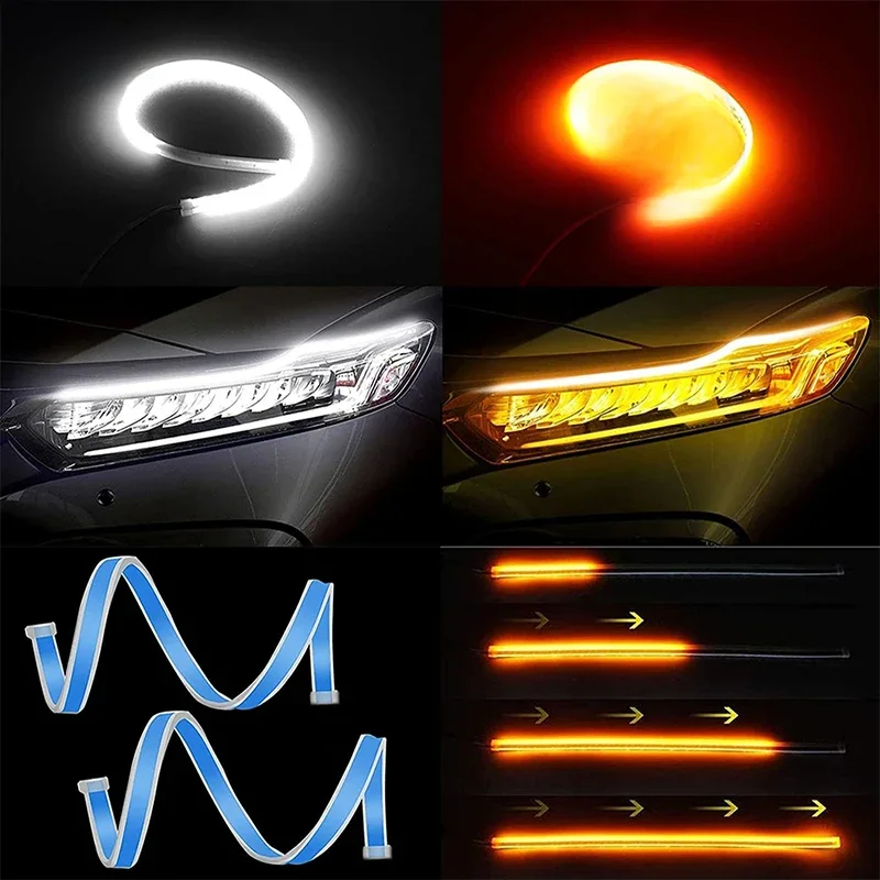 Feux diurnes LED DRL flexibles pour voiture, feux de sauna, clignotant blanc, bande lumineuse à débit jaune, 12V, 2 pièces