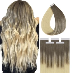 Fullshine Seamless Tape in Extensions Brown Balayage Medium Brown Balayage with Blonde Tape in Virgin Hair Extensions Human Hair