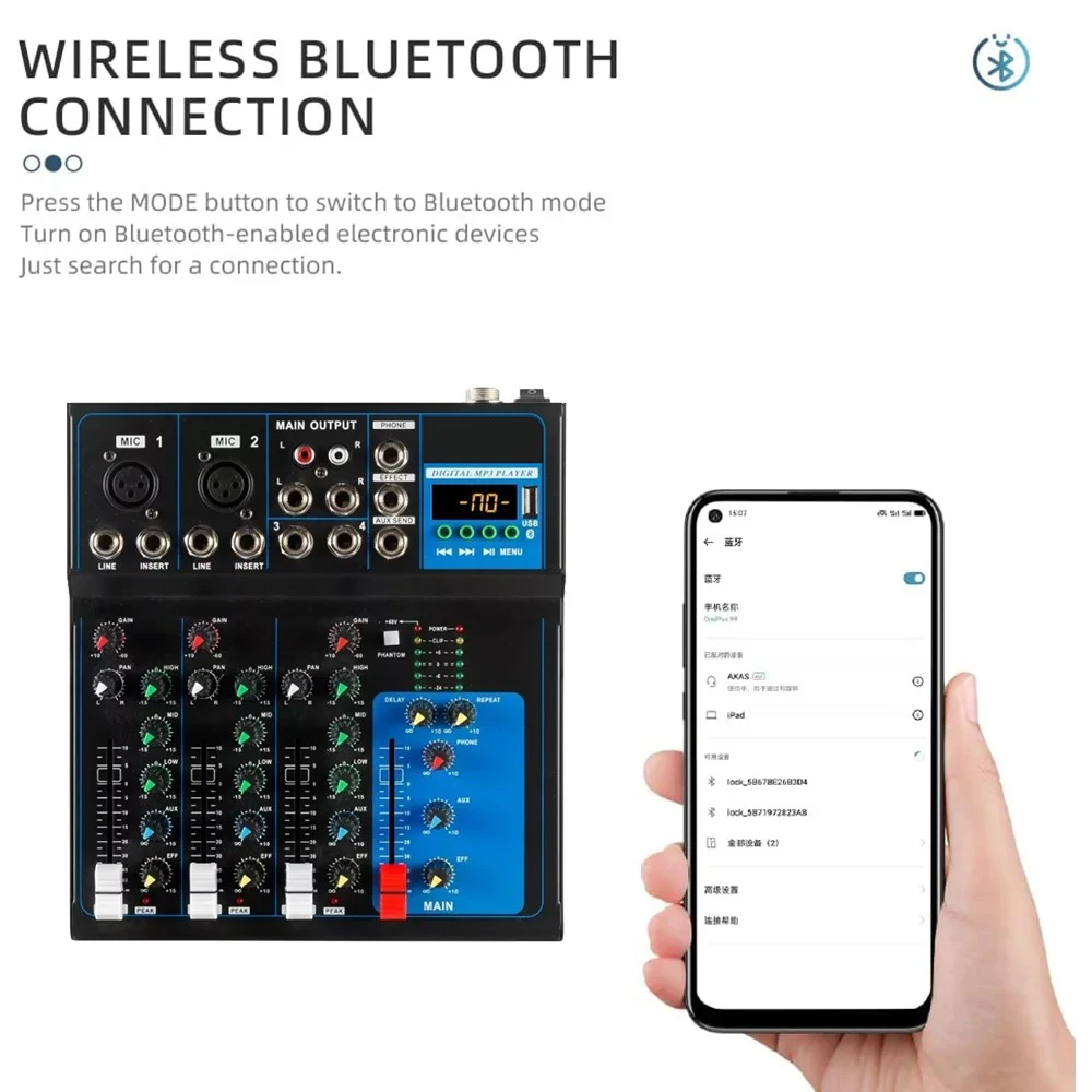 4-Channel Professional Compact Mixer with Bluetooth, USB Mp3 Playback, 48V Phantom Power, Live Streaming, Karaoke Recording, and Mixing Console view 4