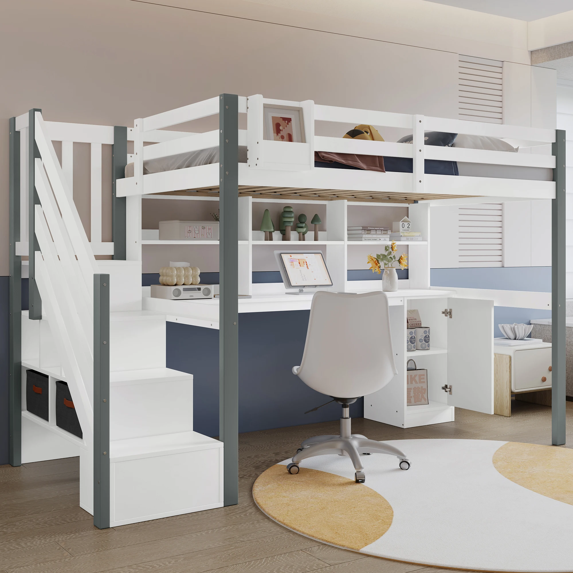 Lit demi-hauteur avec rangement en tissu, beaucoup de rangement, échelle latérale, étagère ouverte, lit pour jeunes avec bureau et casiers, pin + MDF 90x200cm