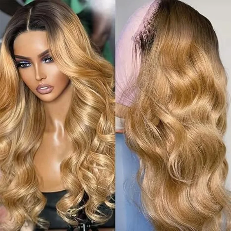 4x4 Hd Ombre Wigs 1B/27 Colored Lace Front Human Hair Wig For Women Honey Blonde Body Wave Hd Lace Frontal Wig Glueless Install