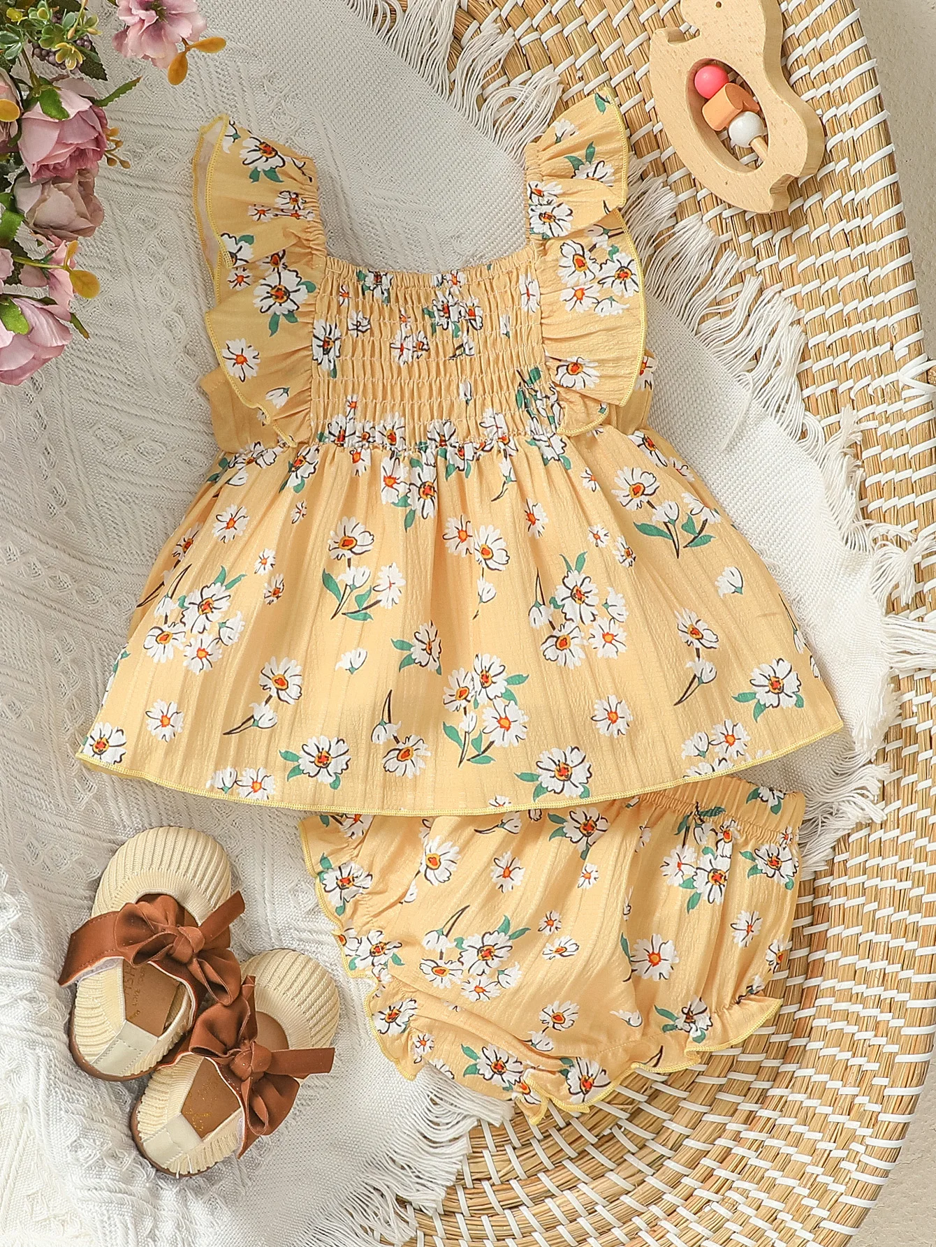 Baby Girls Cute  Autumn Chrysanthemum printed sleeveless summer leisure two-piece set