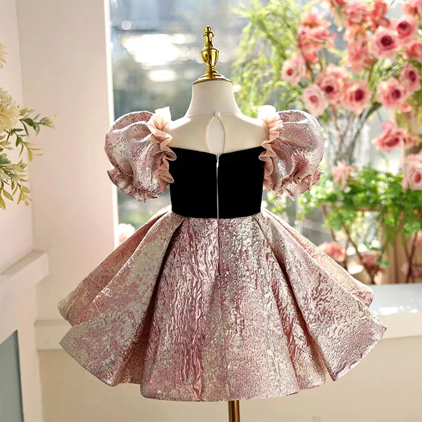 Jill Wish J467 Pink Flower Girl Dress Lace Beads Puffy Sleeve Princess Toddler Kids Wedding 1st Birthday Pageant Party Ball Gown