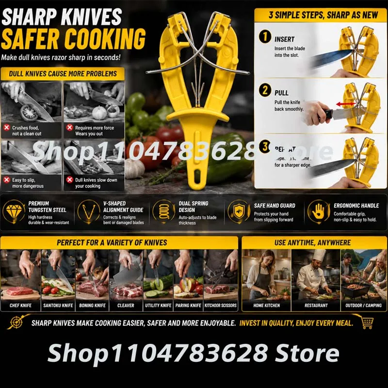 Knife Sharpener for Kitchen , Professional Manual Knife Sharpening Tool with  Steel Rods, V-Shaped Blade Guide, Safety Guard,